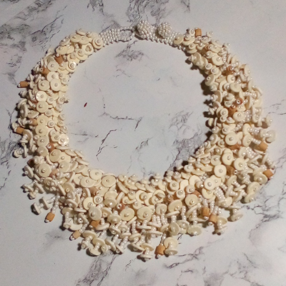 Vintage Artisan Hand Crafted Crochet MOP Ostrich Shell & Wood Beaded Necklace